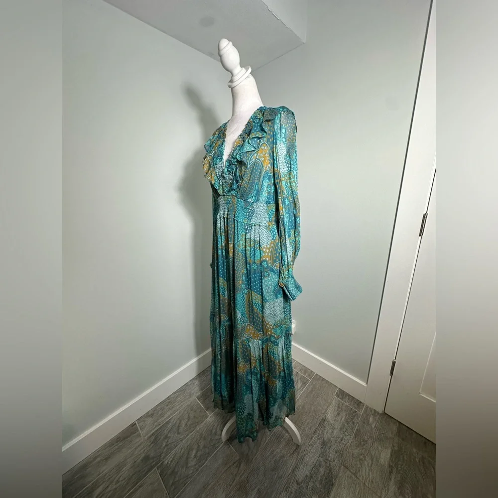 NEW Anthropologie The Odetta Ruffled V-Neck‎ Maxi LS flowy Dress Teal Size  M - Picture 8 of 17